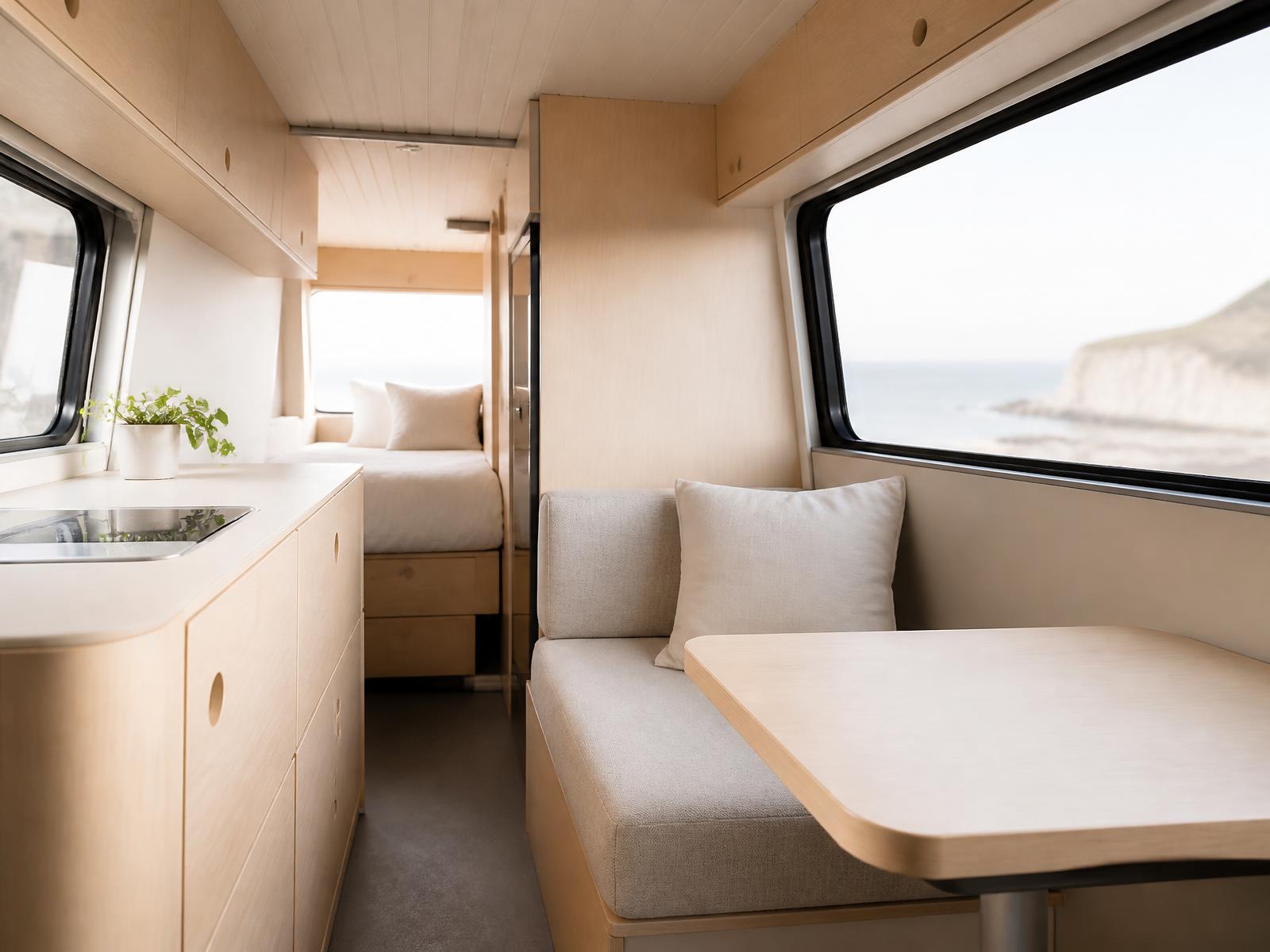 Birch plywood campervan interior with a fixed bed and galley